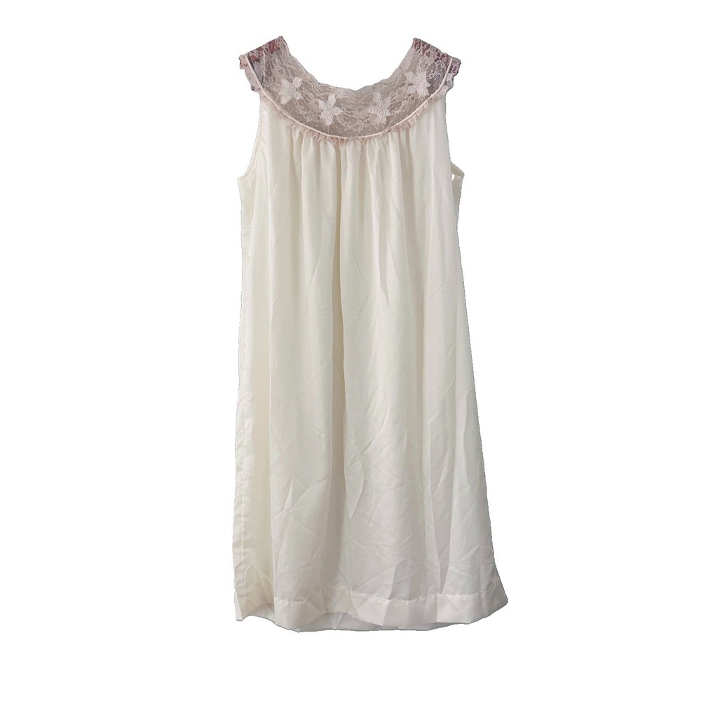 Vtg Barbizon Rapture Women's 1980s  Nightgown Size Medium Satin Cream Lace Trim